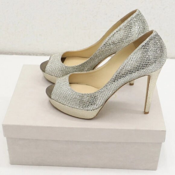 Jimmy Choo Crown Platform Champagne Glitter Peep Toe Heel Pumps Size 39.5/US 9.5 - Picture 1 of 16